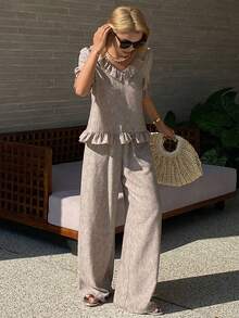 Livesso Women's Ruffled Hem Casual Top And Loose Pants 2 Pieces Set, Summer Holiday - Beige - View 6