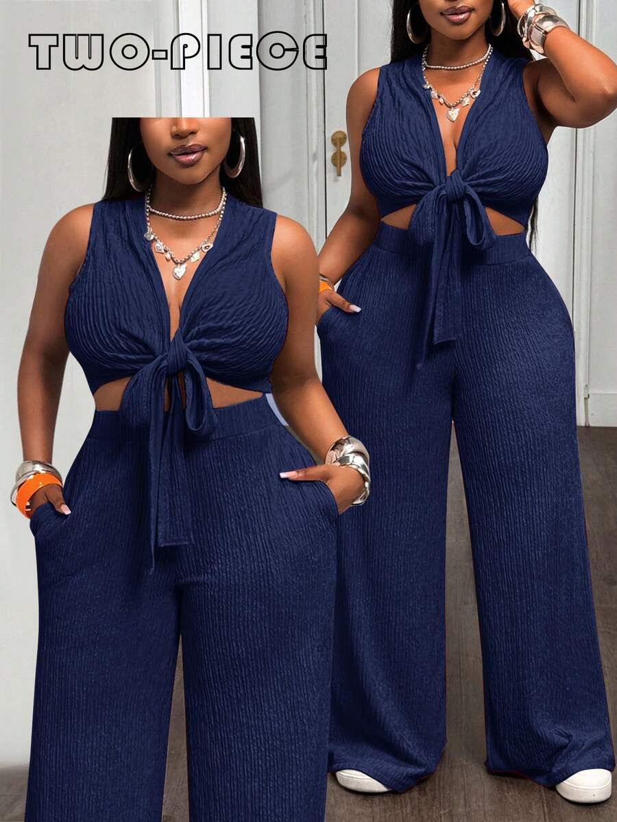 Slaydiva Bộ đồ 2 mảnh cỡ lớn dành cho nữ, phong cách vintage miền Tây/nhiệt đới/lễ hội âm nhạc/club/du lịch đường dài/thường ngày/kỳ nghỉ thành phố/lễ tốt nghiệp/kỳ nghỉ sang trọng/hàng ngày - Áo croptop không tay buộc dây phía trước và quần ống rộng cạp cao có túi. Chất liệu len, bộ đồ 2 mảnh dành cho nữ, quần áo cỡ lớn cho nữ, bộ đồ 2 mảnh cho nữ.