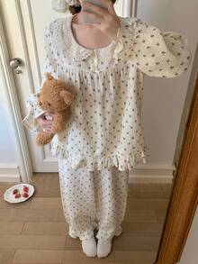 DAZY 碎花荷叶边领波点纹理雪纺面料荷叶边女士睡衣套装 - 白色 - 查看 11