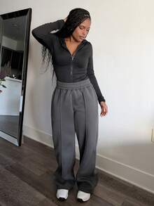 Tyla Gomez Women Casual Loose Solid Color Elastic Waist Sweatpants With Pockets - Dark Grey - View 4