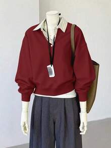 Airaco 女士休闲宽松落肩条纹拼接卫衣 - 酒紅色 - 查看 4