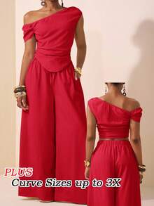 Veslaya Red Summer Elegant Party Women Plus Size Two Pieces Set,Asymmetric Shoulder Ruched Cropped Top And Wide Leg Pants With Pockets,Textured Fabric Outfit - Red - View 3