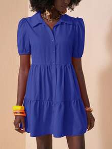 Slaydiva Vestido suelto con volantes, de manga abullonada y abertura frontal, para vacaciones - Azul - Ver 3