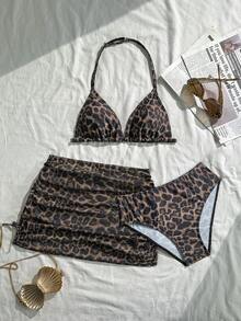 少女比基尼套装，三件套，豹纹针织泳衣搭配罩裙，时尚优雅休闲，适合游泳、度假、夏季穿着。少女夏季服装，少女泳装套装，儿童两件式泳衣，儿童泳装套装，儿童游泳服，儿童沙滩装，夏季假期 - 彩色 - 查看 2