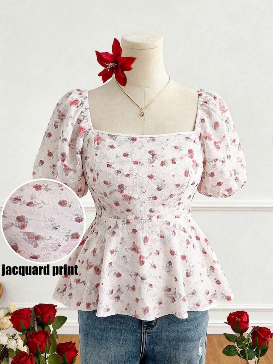 GlowEve CURVE 大码女式提花方领泡泡袖褶皱腰部荷叶边下摆碎花休闲优雅衬衫 - 粉色 - 查看 1