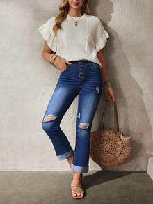 EMERY ROSE Jeans de mezclilla casual con bolsillos y rotos para mujer - Azul - Ver 3