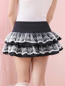 ROMWE J-Fashion Y2K蕾丝拼接波点印花低腰女式迷你裙 - 彩色 - 查看 8