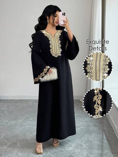 Elenzga Elegante lange jurk voor dames met V-hals, uitlopende mouwen, gouden kraag en bloemenjacquard, lente