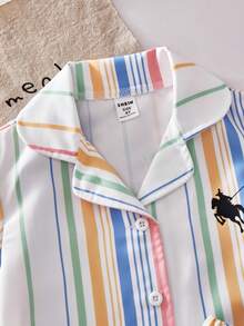SHEIN Casuvi Kids 2pcs Set - Collared Short Sleeve Striped Shirt With Colorful Prints, Paired With Loose Shorts, Suitable For Casual Daily Wear In Spring/Summer - Multicolor - View 7
