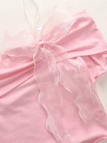 Tween Girl Off-Shoulder Bowknot Short Sleeve T-Shirt Top, Back-To-School, Cute Top School, Preppy Top/Valentine Day Kids/ Valentine Day/ Summer - Pink - View 4