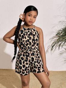 SHEIN SLAYR KIDS Tween Girls Ditsy Floral Halter Neck Sleeveless Casual Romper, Vacation Style, Fashionable French Elegance, Back To School - Multicolor - View 3