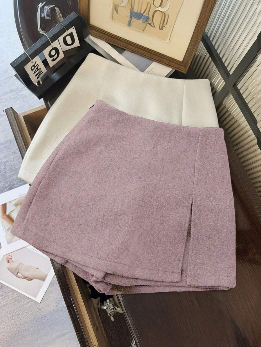 SHEIN Franclia 双层开衩羊毛混纺A字裙裤，厚实而端庄 - 粉色 - 查看 1