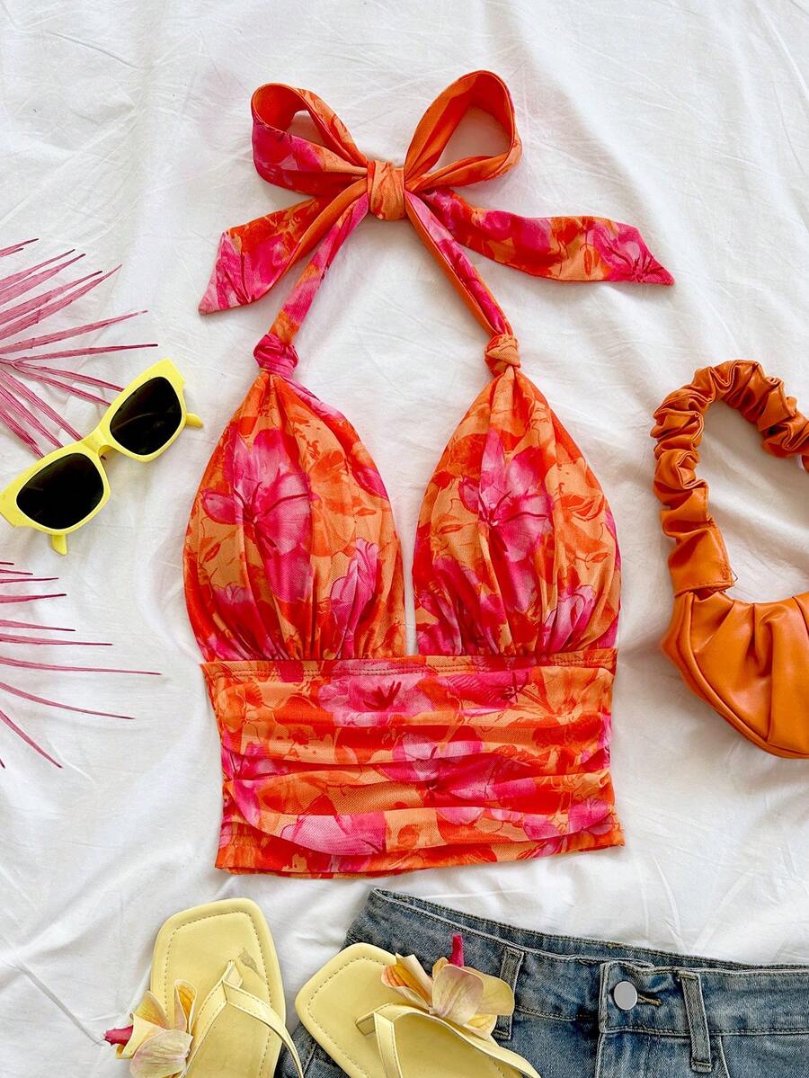 Soleia 女士度假针织网眼复古棕色豹纹露背V领系带蝴蝶结网眼褶皱浪漫吊带背心，适合约会、情人节、性感场合、派对、海滩游轮、复活节、狂欢节、下午茶 - 彩色 - 查看 1