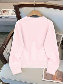 GlowEve CURVE Plus Size Elegant Pearl Embellished Crew Neck Long Sleeve Sweater - Pink - View 2