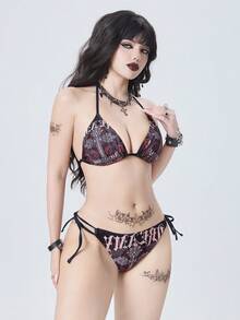 ROMWE Goth Conjunto de bikini sexy con estampado floral y atar al cuello para mujer - Negro - Ver 6