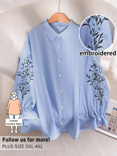 CosyJoli Plus Size Women Casual Striped Shirt, Long Sleeve Embroidered Button-Up Blouse, Outdoor Tops