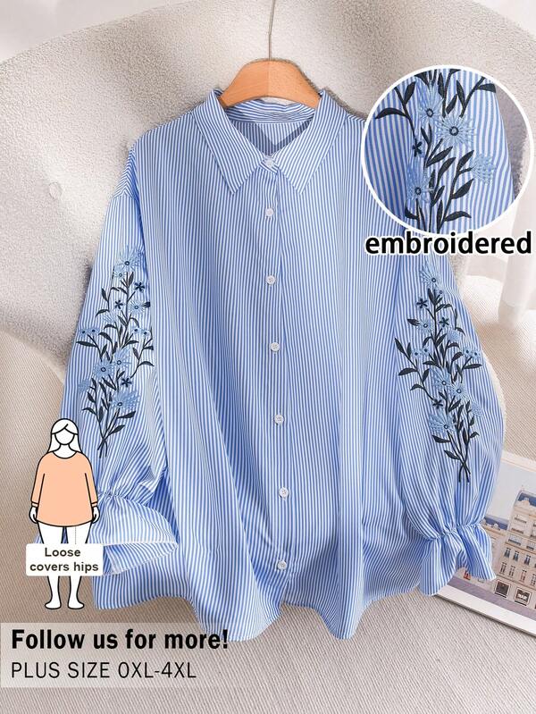 CosyJoli Plus Size Women Casual Striped Shirt, Long Sleeve Embroidered Button-Up Blouse, Outdoor Tops