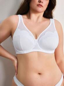 EasyFave 1pc Women's Solid Color Mesh Patchwork Ruffled Cup Edge Underwire Bra Without Lining - White - View 7