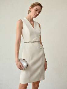 MOTF PREMIUM 优雅简约修身短款连衣裙，春夏款 - 杏色 - 查看 4