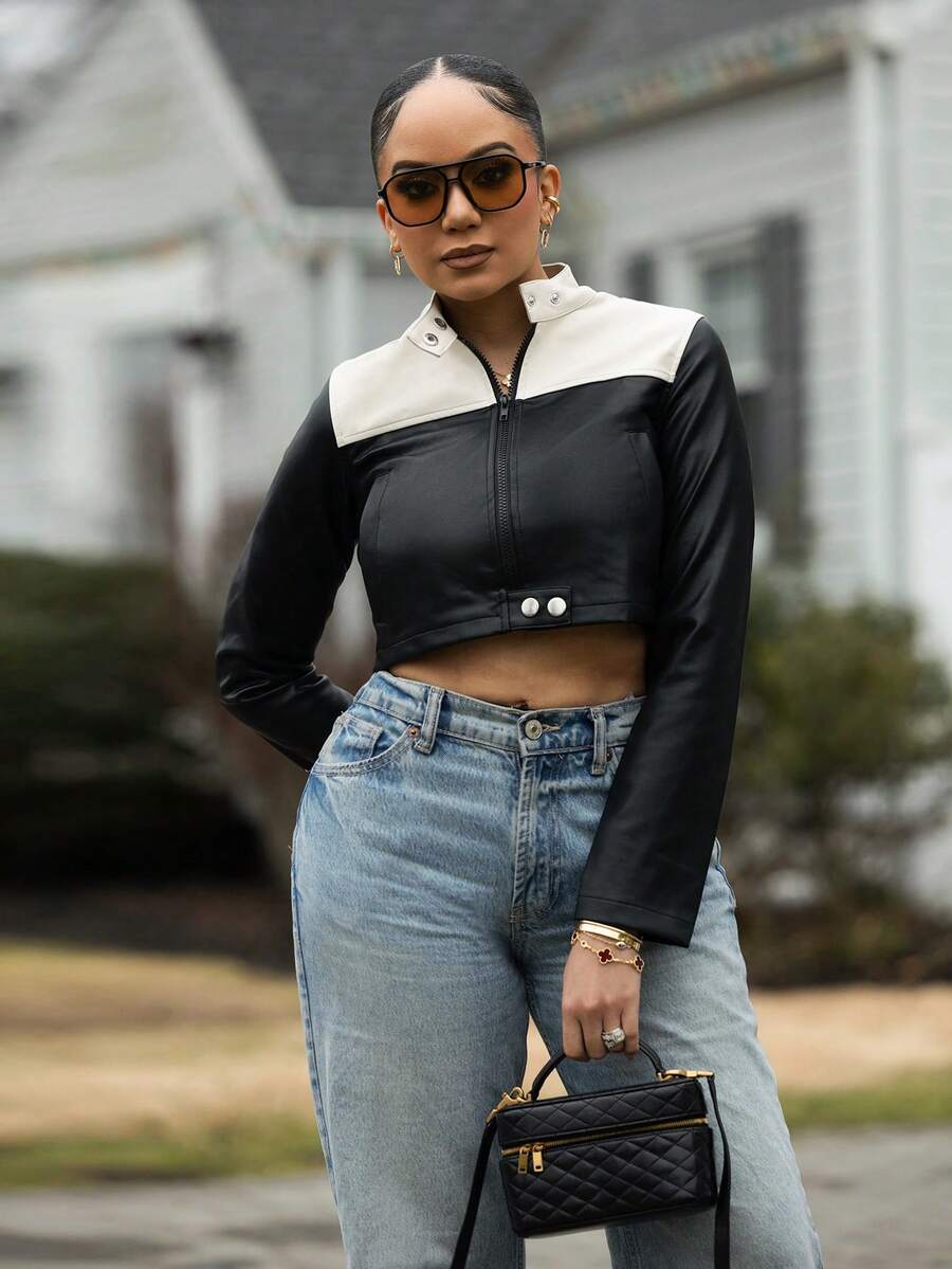 Melissa Matos Áo khoác nữ cắt cúp màu đơn giản mùa xuân thu, quần áo nữ mùa thu - màu đen - Xem 1
