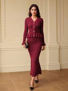 ZEYLAH 两件套优雅针织套装：V领荷叶边开衫毛衣和鱼尾针织半身裙，秋冬款 - 酒紅色 - 查看 4