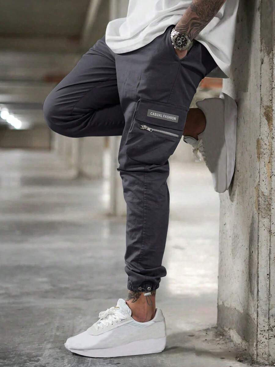 Manfinity Homme Loose Men's Letter Graphic Flap Pocket Cargo Pants - Dark Grey - View 1