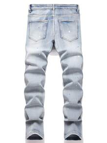 Manfinity Roghcode Men's Fashionable Printed Distressed Washed Jeans, Plain Slim Fit Long Washed Baby Blue Cargo Jeans, For Husband, Boyfriend Gifts, Ripped Jeans Men, Splatter Paint Jeans, Hip Hop Jeans - Light Wash - View 2