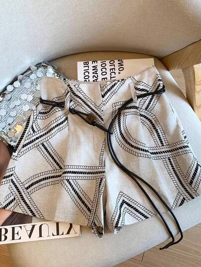 Airaco Women's Casual Vacation Linen Print Shorts With Belt