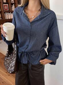 DAZY Women's Stand Collar Drawstring Tie Long Sleeve Casual Denim Jacket And Coat - Dark Wash - View 4