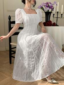 DAZY 女士夏季方领短袖纹理面料优雅中长款度假连衣裙 - 白色 - 查看 4