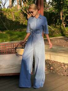 DAZY Women's Lapel Short Sleeve Cinched Waist Waist Loose Straight Casual Denim Jumpsuit - Medium Wash - View 2