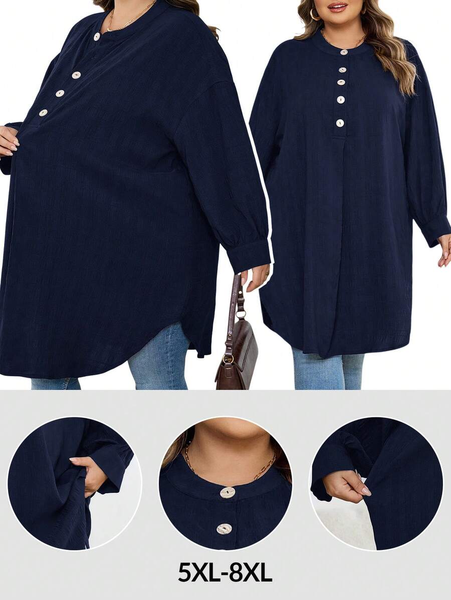 SHEIN CURVE+ Áo sơ mi dài tay đơn giản màu trơn dành cho nữ cỡ lớn - Màu xanh hải quân - Xem 1