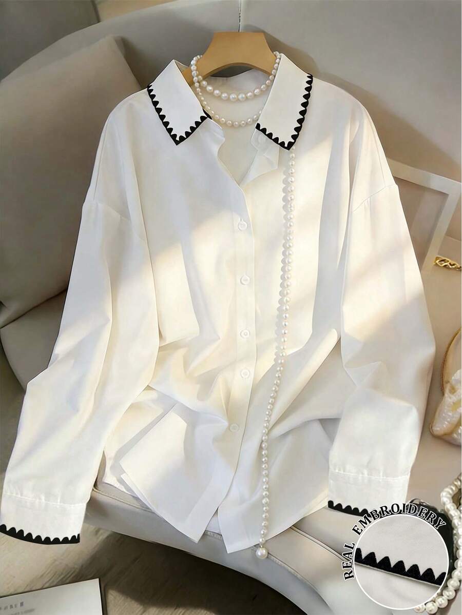 Franclia Camisa casual de manga larga, holgada y de un solo abotonado con adorno floral para mujer - Blanco - Ver 1