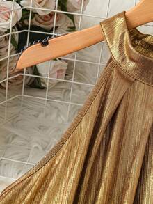 SHEIN PETITE Robe élégante sans manches de style A-line pour femmes, couleur or, convient pour les déplacements quotidiens, les fêtes et les occasions - Doré - Voir 3