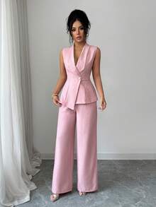 Elenzga Women's Pink Sleeveless Top & Wide Leg Pleated Pants 2 Pieces Set - Pink - View 4
