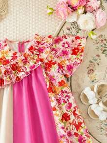 SHEIN 女童夏季休闲撞色印花荷叶边连衣裙 - 彩色 - 查看 5