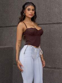 Rayane Ketlyn Women's Lace Patchwork Tight Fit Sexy Camisole,Sexy Tops - Coffee Brown - View 6