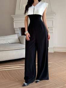 DAZY 女士撞色拼接无袖高腰显瘦优雅休闲连体裤 - 黑與白 - 查看 2