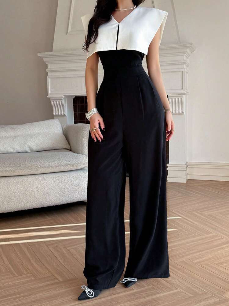 Women's Contrast Color Block Sleeveless High Waist Slimming Elegant Casual Jumpsuit Lounge Sets For Women