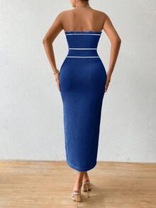 Pariaura 女士秋冬无肩带针织性感连衣裙，高品质度假风 - 寶藍色 - 查看 2