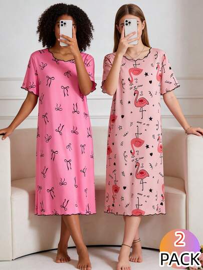 SHEIN 2件套 女童可爱蝴蝶结火烈鸟印花舒适长款睡衣家居服套装