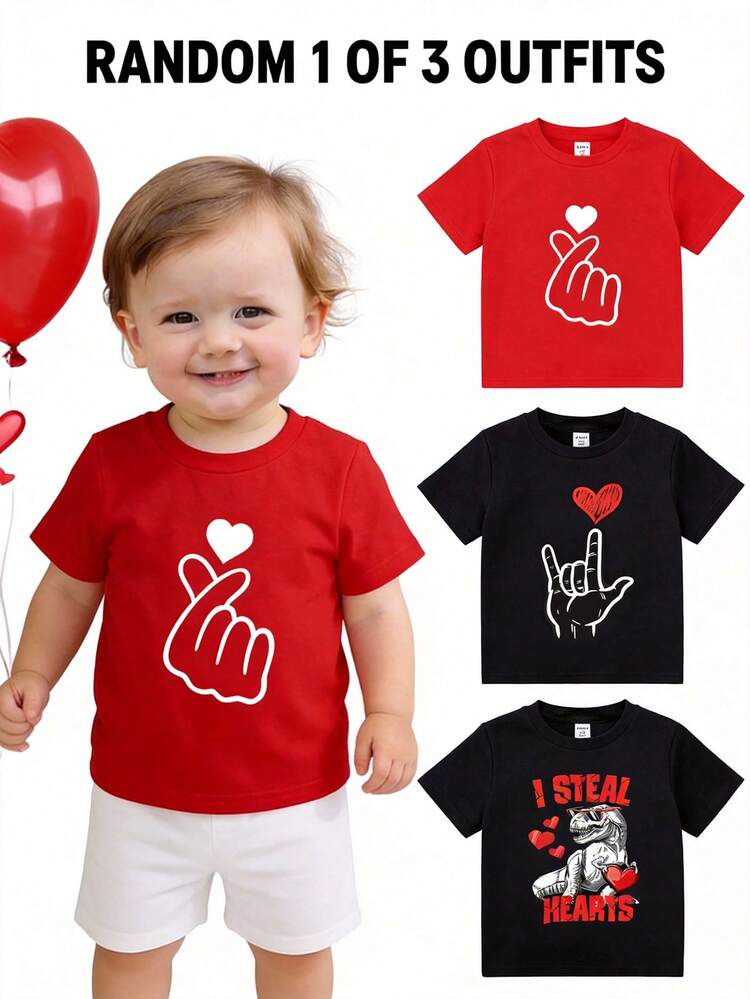 Camiseta de manga corta con cuello redondo para niños pequeños/bebés de 6 meses a 3 años, con estampado de corazones y letras, adecuada para el Día de San Valentín, fiestas y uso casual, con un estilo dulce y fresco, decoración de corazones, apropiada para primavera/verano - Negro - Añade 5