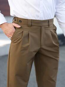 Manfinity Homme Men's Casual Solid Color Minimalist Trousers Casual Pants Mens Pleated Trousers Brown Dress Pants Suit Pants - Mocha Brown - View 3