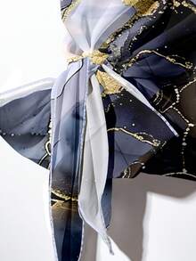 SHEIN Clasi 休闲简约风蓝色仿箔抽象花卉图案女式衬衫配蝴蝶结和宽松直筒蓝色长裤两件套，适合秋冬季节，复古风 - 彩色 - 查看 3