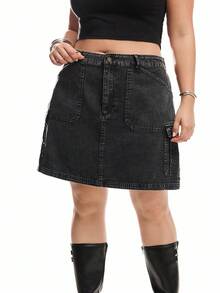 Solflare Plus Size Women Distressed Denim Effect Woven A-Line Skirt With Pockets - Black - View 6