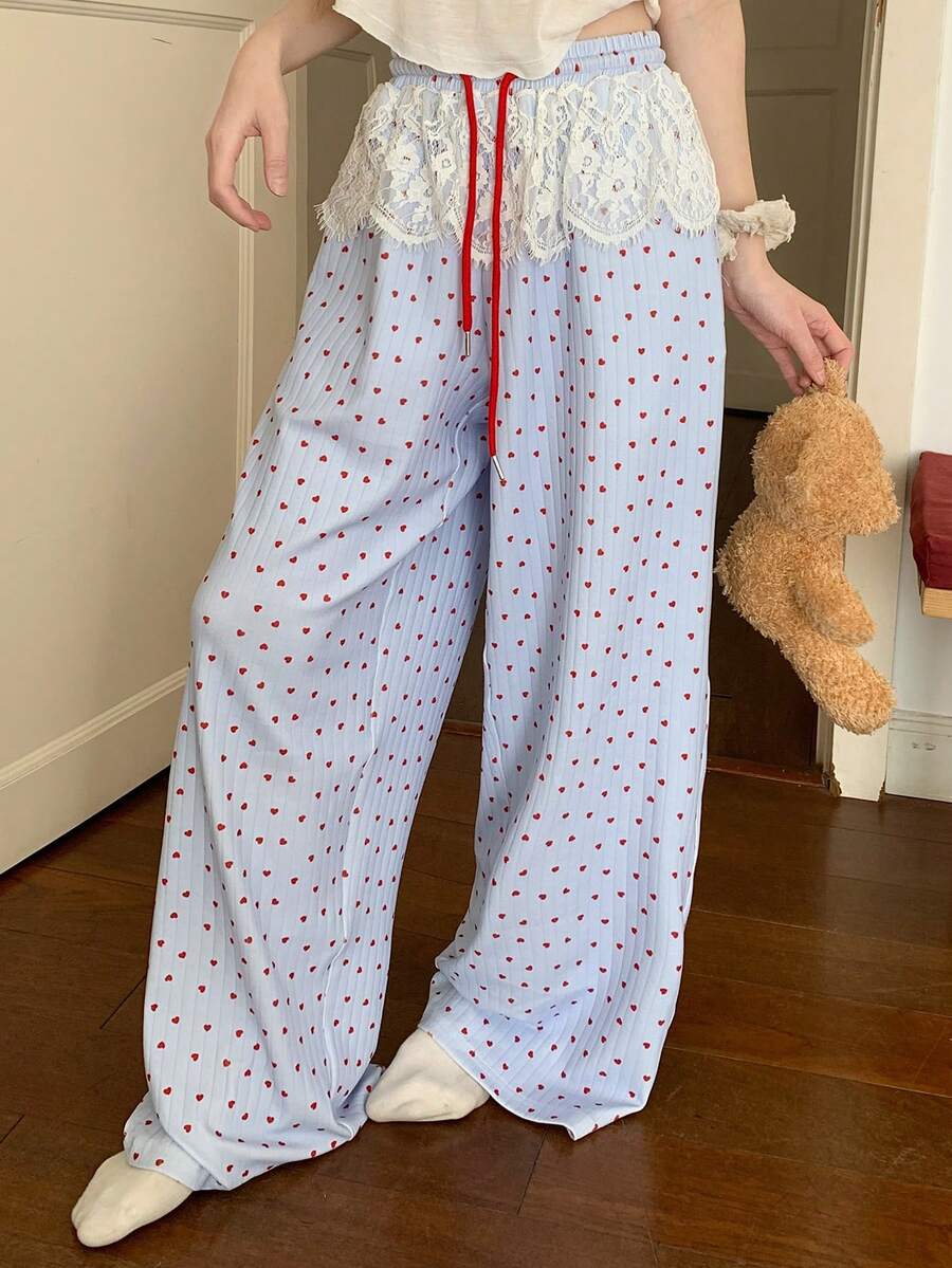 DAZY 心形图案印花蕾丝荷叶边女士睡裤 - 藍色 - 查看 1