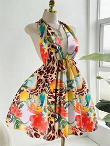 Sweetra Plus Size Halter Tie-Up Allover Print Sexy Vacation Dress - Multicolor - View 1