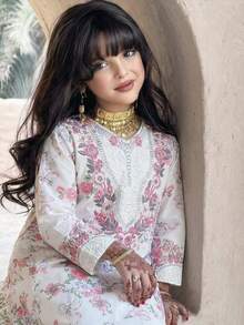 SHEIN Tween Girls Pink Floral And Bow Print Arabian Dress,White Floral,Autumn,Elegant,Wedding Guest Traditional Long-Sleeved Casual Simple Dress For Spring - Pink - View 2