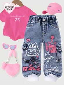 SHEIN Baby Mädchen Jeans Cargo Hose, Sommer Casual Fashion Muss-haben Artikel! Mittelblau gewaschener Denim, Gummibund + Fake Ketten Design, kombiniert mit niedlichem grafischem Muster, um den einzigartigen Modestil des Babys zu zeigen. Geeignet für tägliche Ausflüge, Geburtstagsfeiern, Wochenendtrips und Feiertage, um das Baby in den Mittelpunkt zu stellen. - Helle Waschung - Übersicht 7