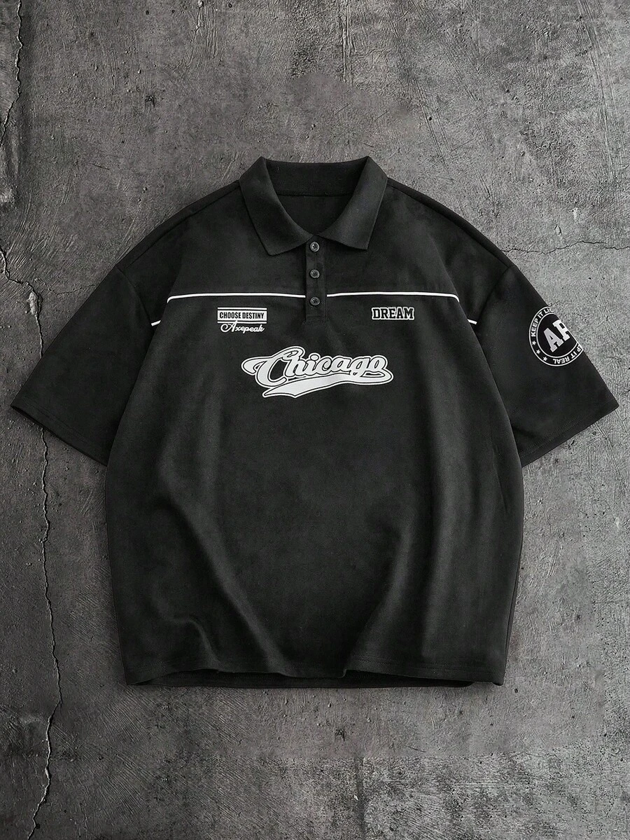 AXEPEAK 男士休闲日常通勤时尚街头字母印花宽松Polo衫，夏季 - 黑色 - 查看 1